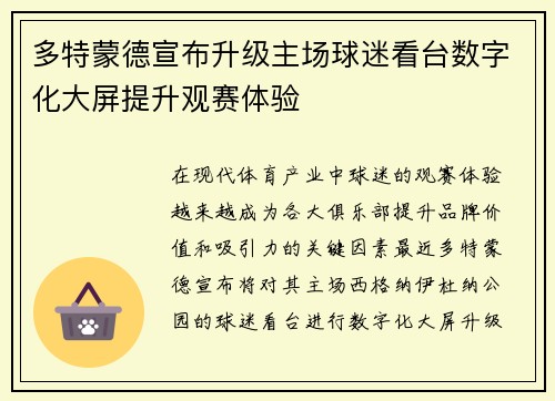 多特蒙德宣布升级主场球迷看台数字化大屏提升观赛体验
